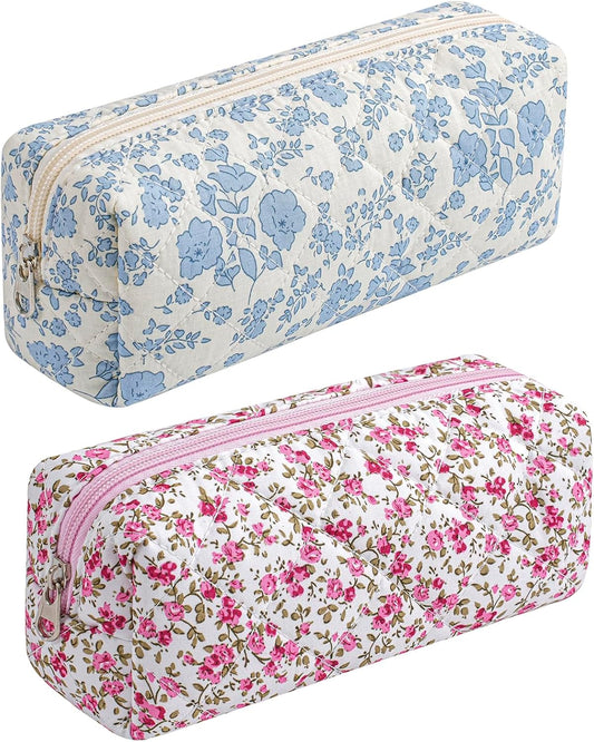 Cute Floral Cotton Makeup Brush Cosmetic Bag for Women, Travel Quilted Zipper Make Up Bag, Flowers Toiletry Organizer Case Kawaii Makeup Cosmetic Travel Cloth Pouch (Blue+Red Floral)