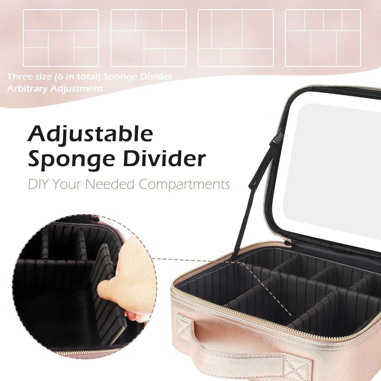 MOMIRA Travel Makeup Bag Cosmetic Bag Makeup Organizer Bag with Lighted Mirror, Adjustable Brightness in 3 Color Scenarios, Waterproof Makeup Train Case, Gift for Women - Champagne