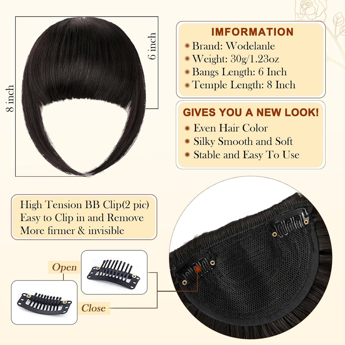 Bangs Hair Clip in Bangs, Fake Bangs Natrual Clip on Bangs Dark Brown,Faux Bangs Easy Clip in Hair Extenisons,French Bangs Fringe with Temples Hairpieces Curved Bangs for Daily Wear