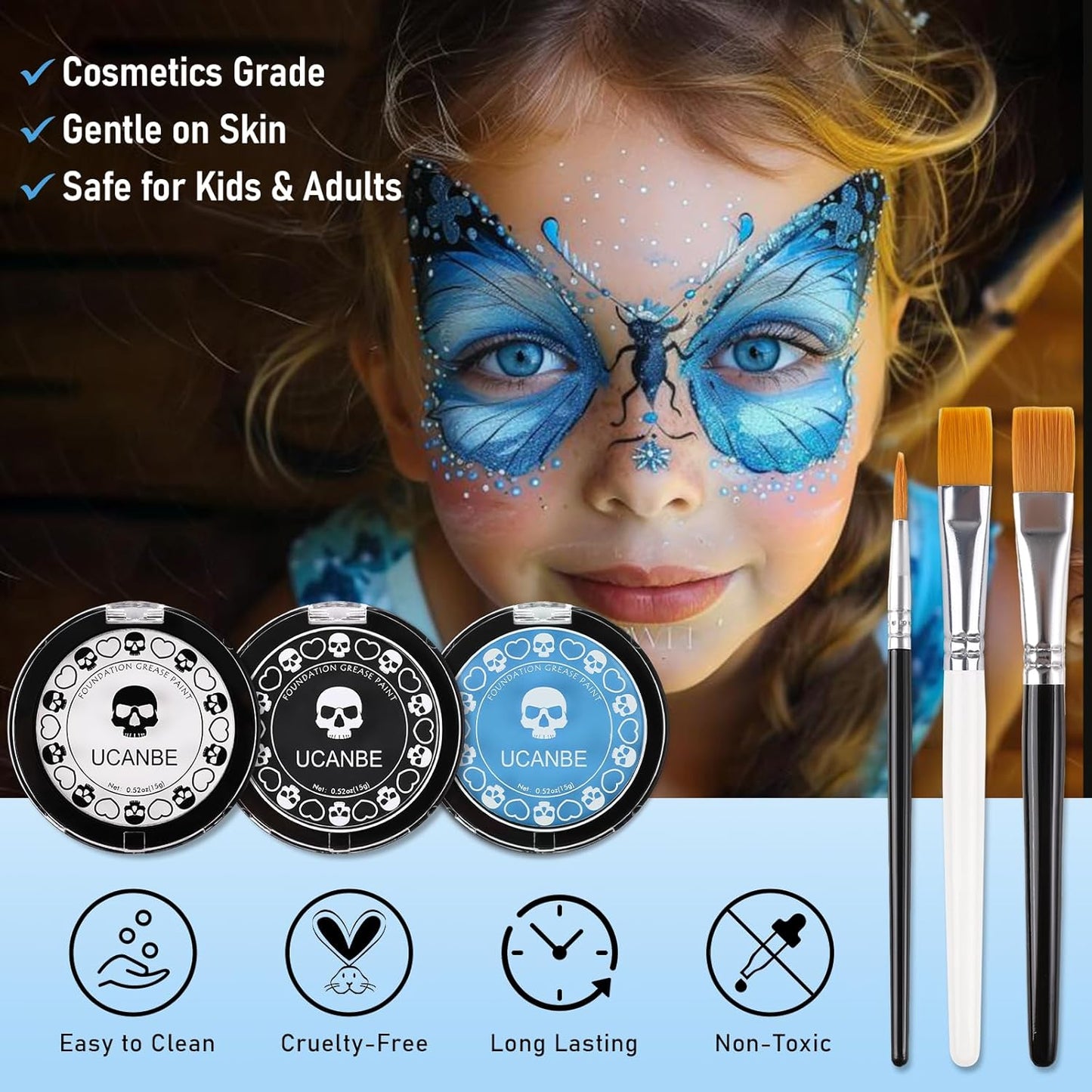 White Black & Light Blue Face Body Paint for Halloween Sally & Corpse Bride Makeup, Non-Toxic Face Painting Kit with Brushes for Kids Adults Smurf Avatar Mermaid & Demon Costume Cosplay SFX Make Up