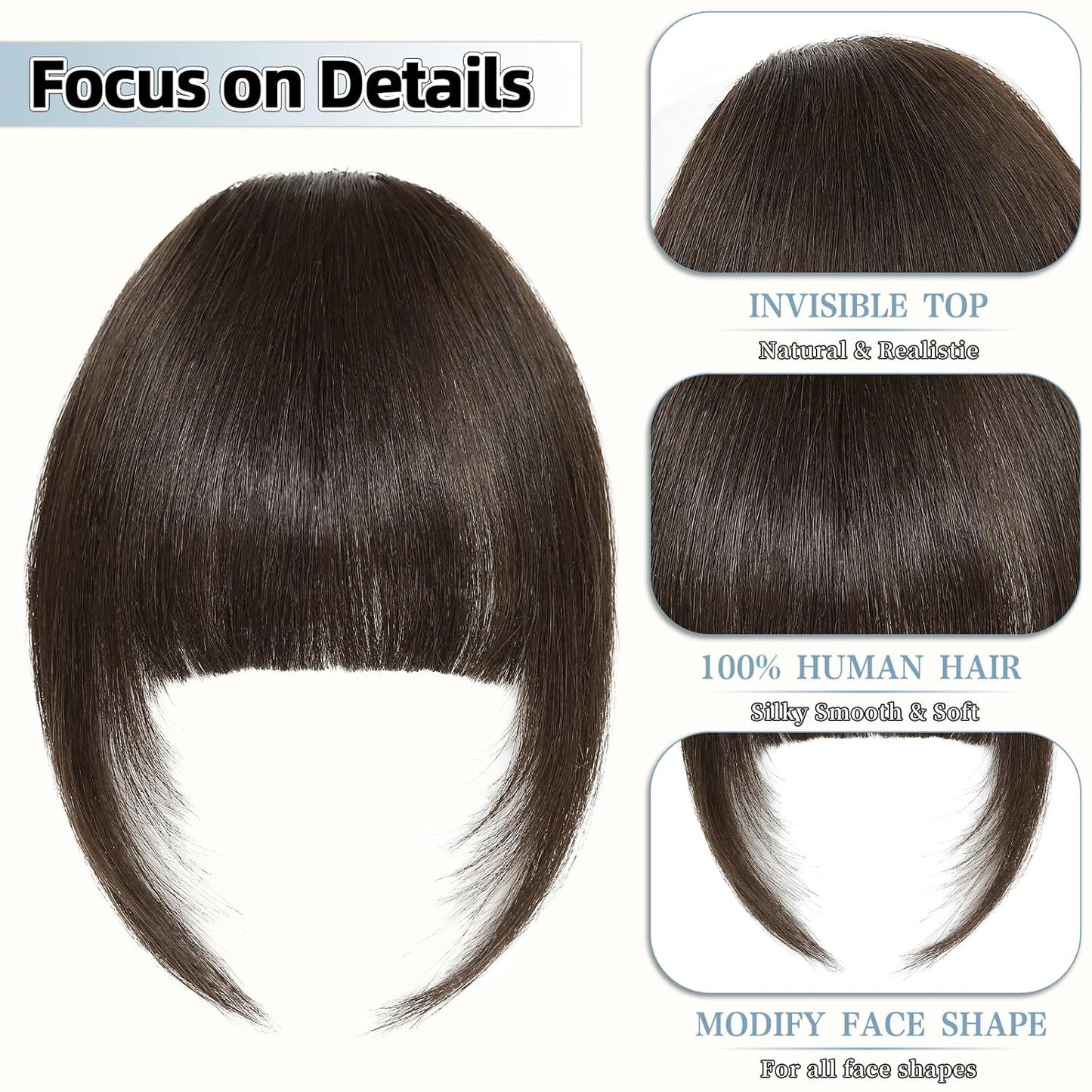 Clip In Bangs for Women, Dark Brown French Bangs Hair Clip with Temples, 100% Real Human Hair Layered Curved Fringe for Halloween and Daily Use(Dark Brown, French Bangs)