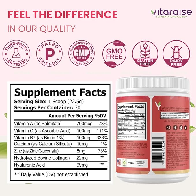 Hydrolyzed Collagen Powder - Type I & III Grass-Fed Collagen for Hair, Skin, Nail, Joints - Unflavored 22g per Serving - 30 Servings - 1.49 lbs - 3X Powerful - Hyaluronic Acid, VIT C, Added Nutrients