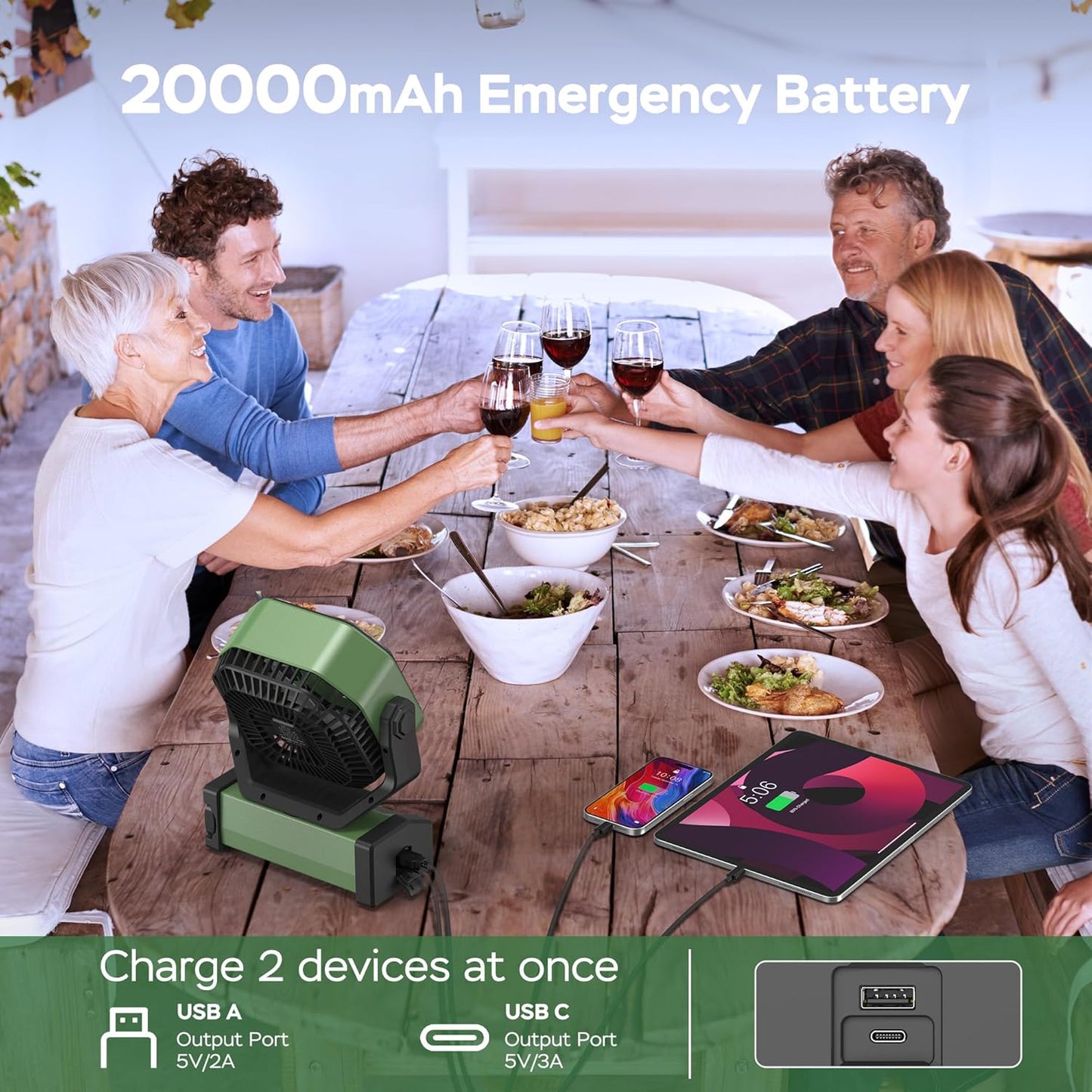 KITWLEMEN Camping Fan with Light - 20000mAh Rechargeable Battery Fan, 60Hrs Max Run Time, 4 Speeds, Timer, Auto Oscillation, 270° Pivot & Hook for Camping, Power Outage, Hurricane