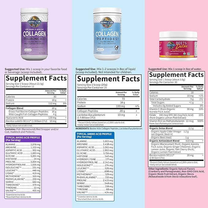 Garden of Life Collagen Beets Bundle: Multi-Sourced Collagen Hyaluronic Acid Unflavored, 12 Servings + Organic Beets Detox Cranberry Pomegranate, 30 Servings + Collagen Peptides Powder, 14 Servings