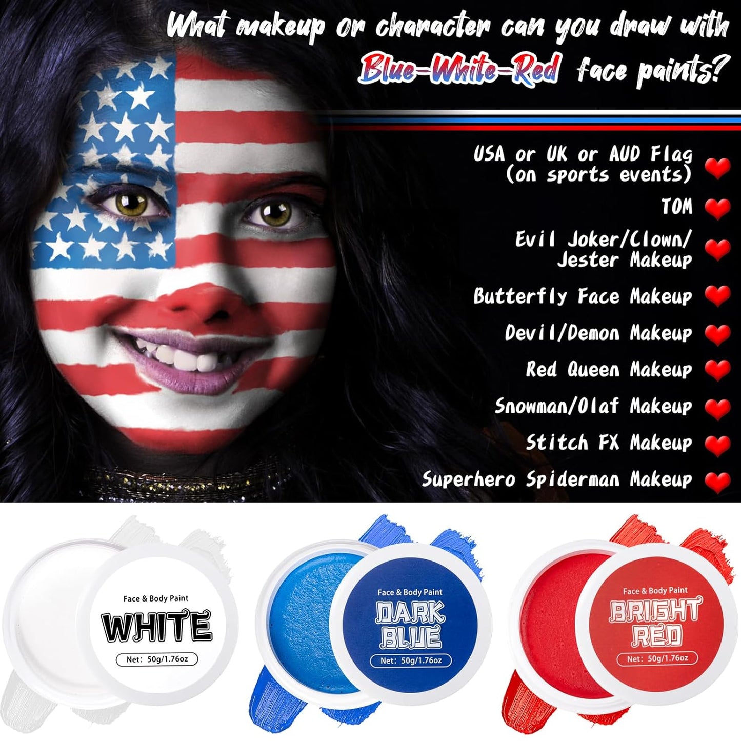 TonJin White Red Blue Face Body Paint Set 5.28oz,Non-Toxic Professional Facepaint Makeup Kit with 3 Brushes for Kids & Adults 4th of July USA Independence Day Football Softball Players Clown Spiderman