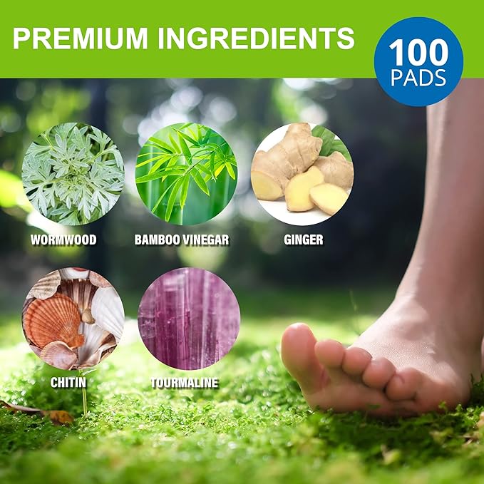 Natural Herbal Foot Pads - 100 Pack Ginger Oil & Bamboo Charcoal Premium Foot Care Patches - Relieves Stress and Fatigue - Improves Sleep and Supports Body Cleansing