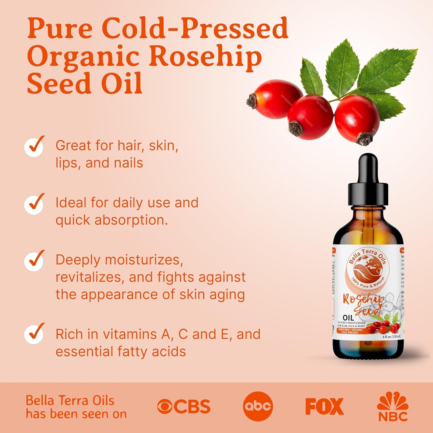 Bella Terra Oils Organic Rosehip Oil for Face, Pure Cold-Pressed Rose Hip Seed Oil for Skin & Hair, Natural Moisturizer & Anti-Aging Facial Oil 8oz