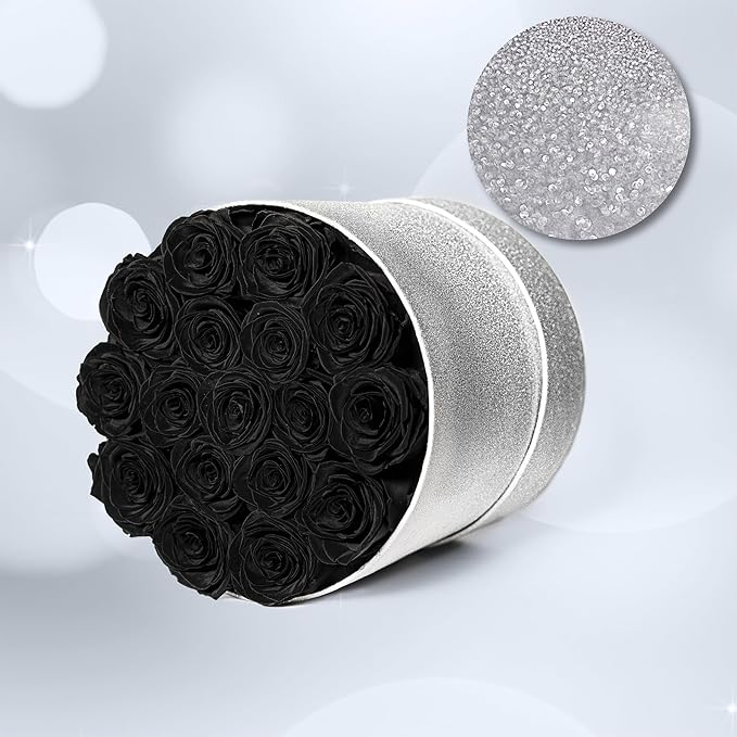 17 Black Flowers in Glitter Box, Birthday Gifts for Women, Preserved Flowers, Mothers Day Roses Gift for Mom