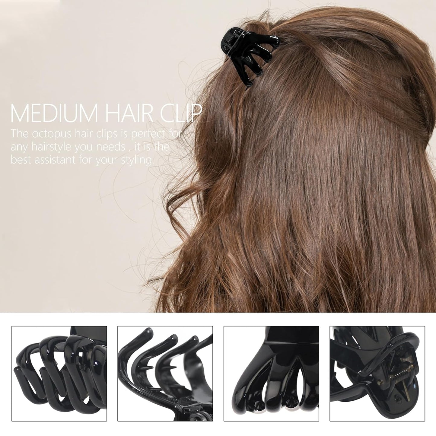 4cm Black Octopus Claw Clips Strong Grip Small Medium Hair Clips With Teeth Non-slips Medium Flat Round Hair Claw Clips for Women and Girls Thin toThick Hair Holder Pony, Half Bun, Styling.