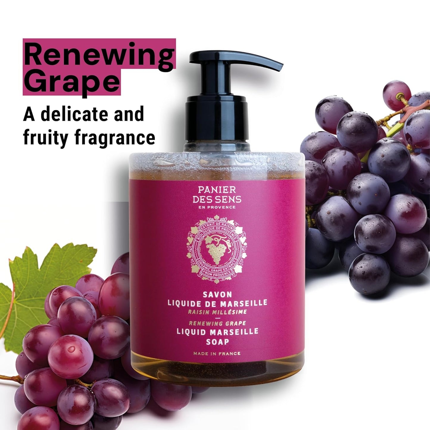 Panier des Sens - Moisturizing Hand Soap - Grape Fragrance - French Traditional Savon de Marseille Soap with Coconut Oil - Refillable Kitchen & Bathroom Soap - 16.9 Fl.oz Liquid Hand Wash 97% Natural