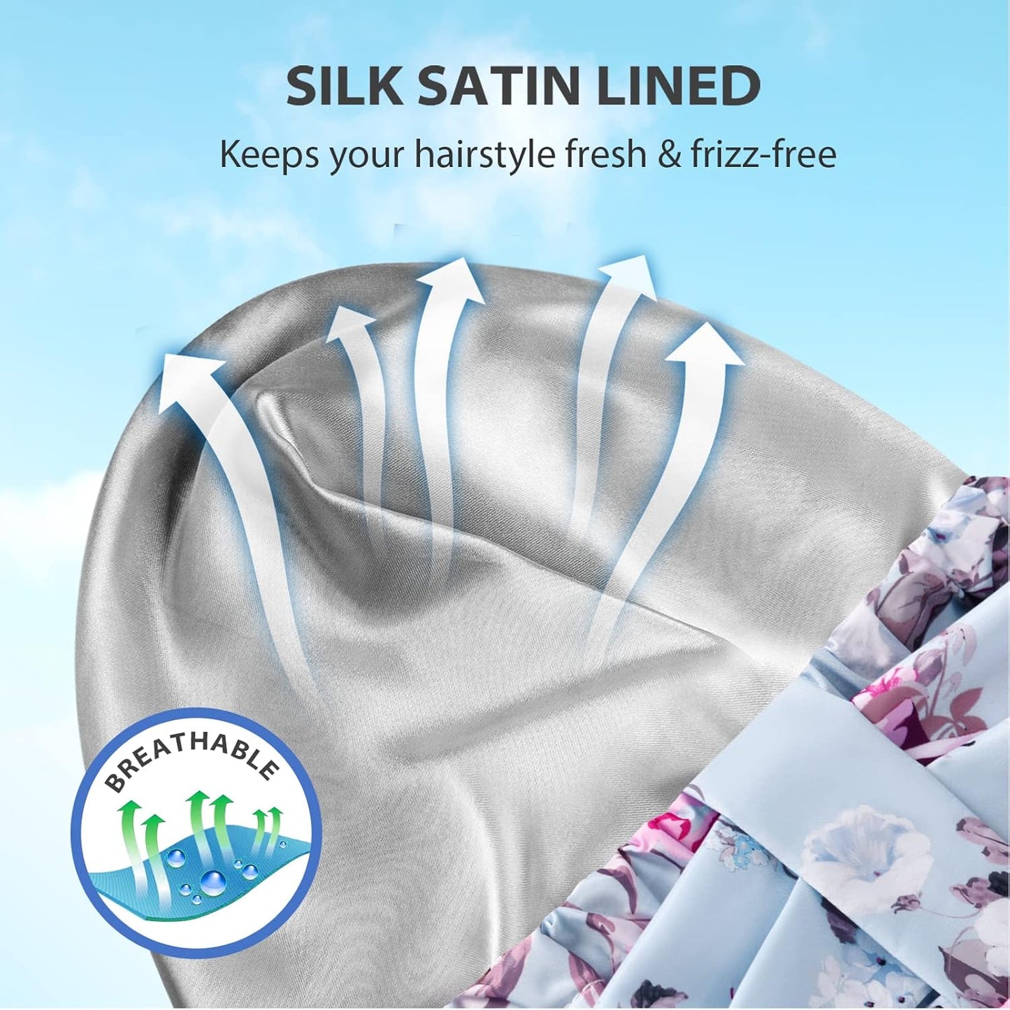 INNELO Luxury Shower Cap for Women Reusable Waterproof, Double Layered Shower Hair Cap with Adjustable Elastic Strap, Large Satin Lined Shower Bath Cap for Long Curly Straight Hair, Blue-Flower