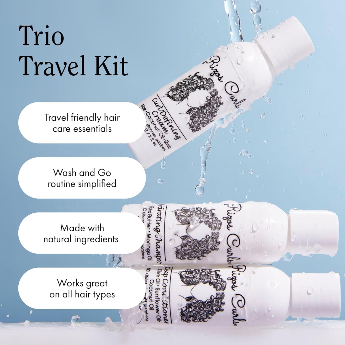 Rizos Curls Trio Travel Curl Kit, Includes Travel Hydrating Shampoo, Travel Deep Conditioner, Travel Curl Cream, Gently Cleanse, Hydrate and Style, For All Curl Patterns 2a - 4c, 3 pack of 2 oz