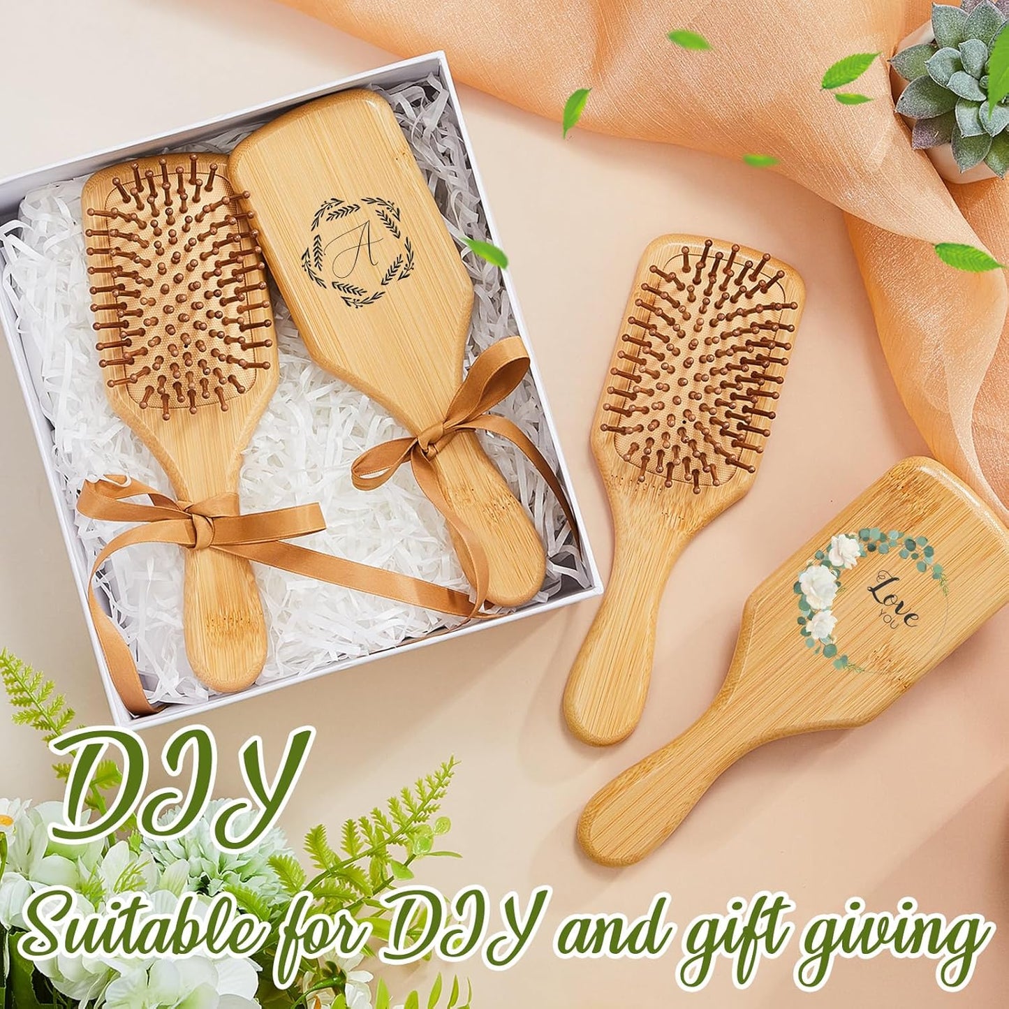 Tessco for you 12 Pcs Christmas Bamboo Hair Brushes Thanksgiving Bulk Wooden Paddle Brush Scalp Massage Bristle Anti Static Engraving DIY Gift for Women Wedding(7.87'' X 2.56'',Natural)