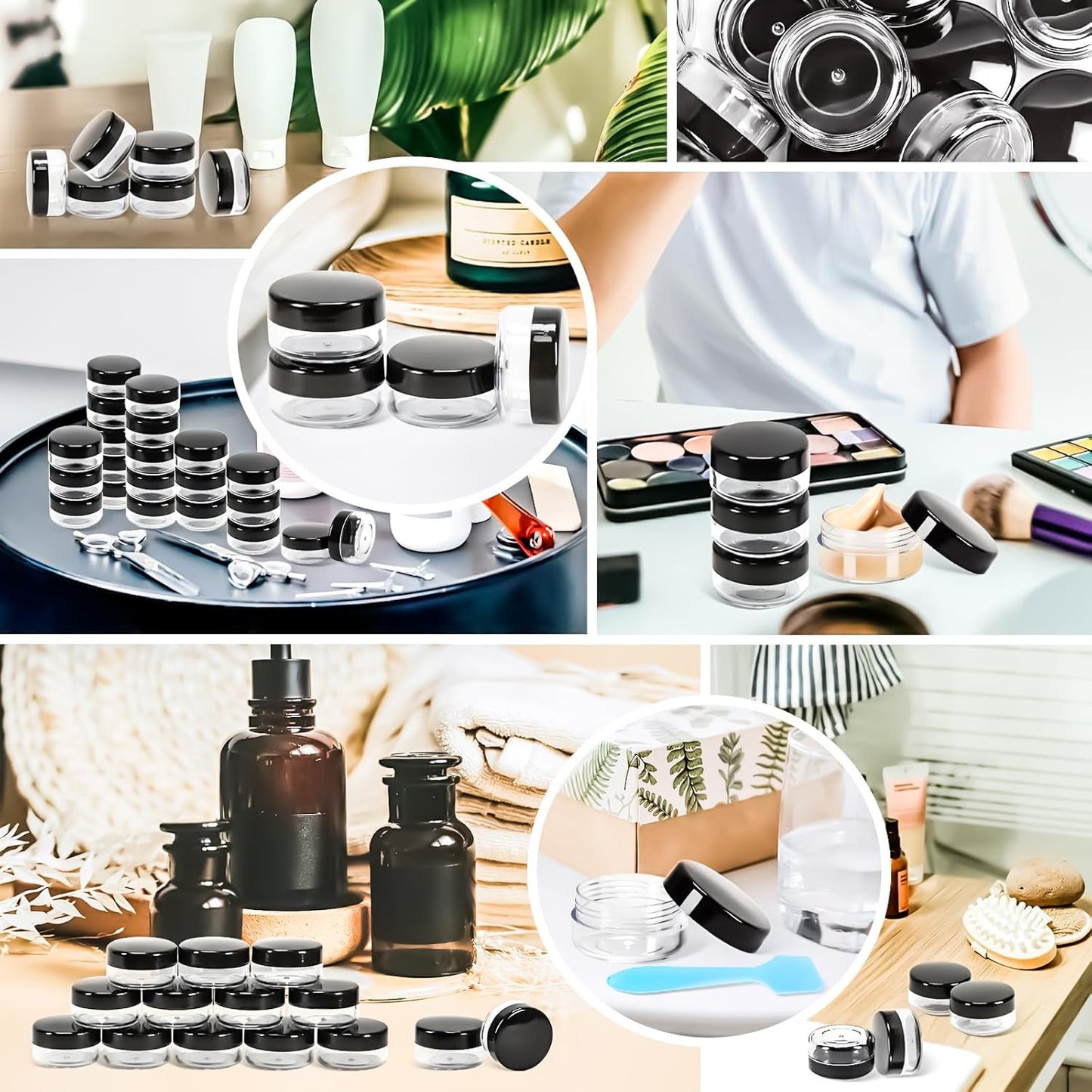 MotBach 50PCS 10g Empty Sample Containers with Black Lids,Refillable Makeup Sample Containers, Small Sample Pot Jars Travel Makeup Containers with Mini Spatulas for Liquid Powder Creams Lotions