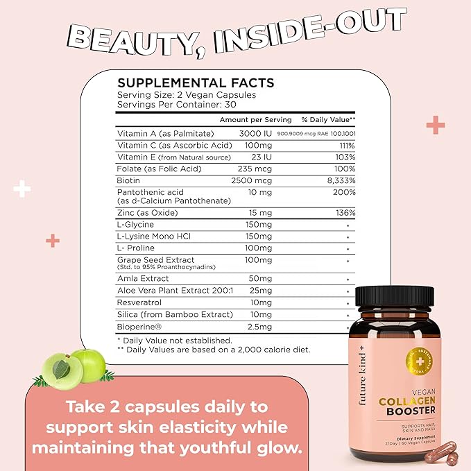 Future Kind Vegan Collagen - Supports Collagen Production with Biotin and Vitamin C (60 Capsules in Glass Bottle)