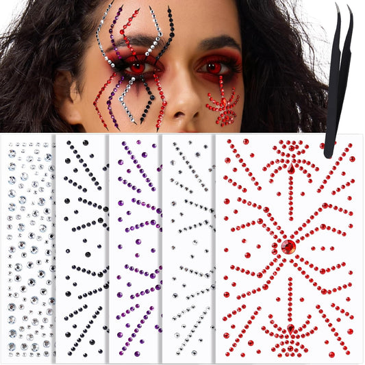 YGDZ Face Gems for Women, Halloween Face Jewels Stickers, 4 Color (Red, Black, Purple, Silver) Spider Web Rhinestones for Face Makeup, Rave Accessories