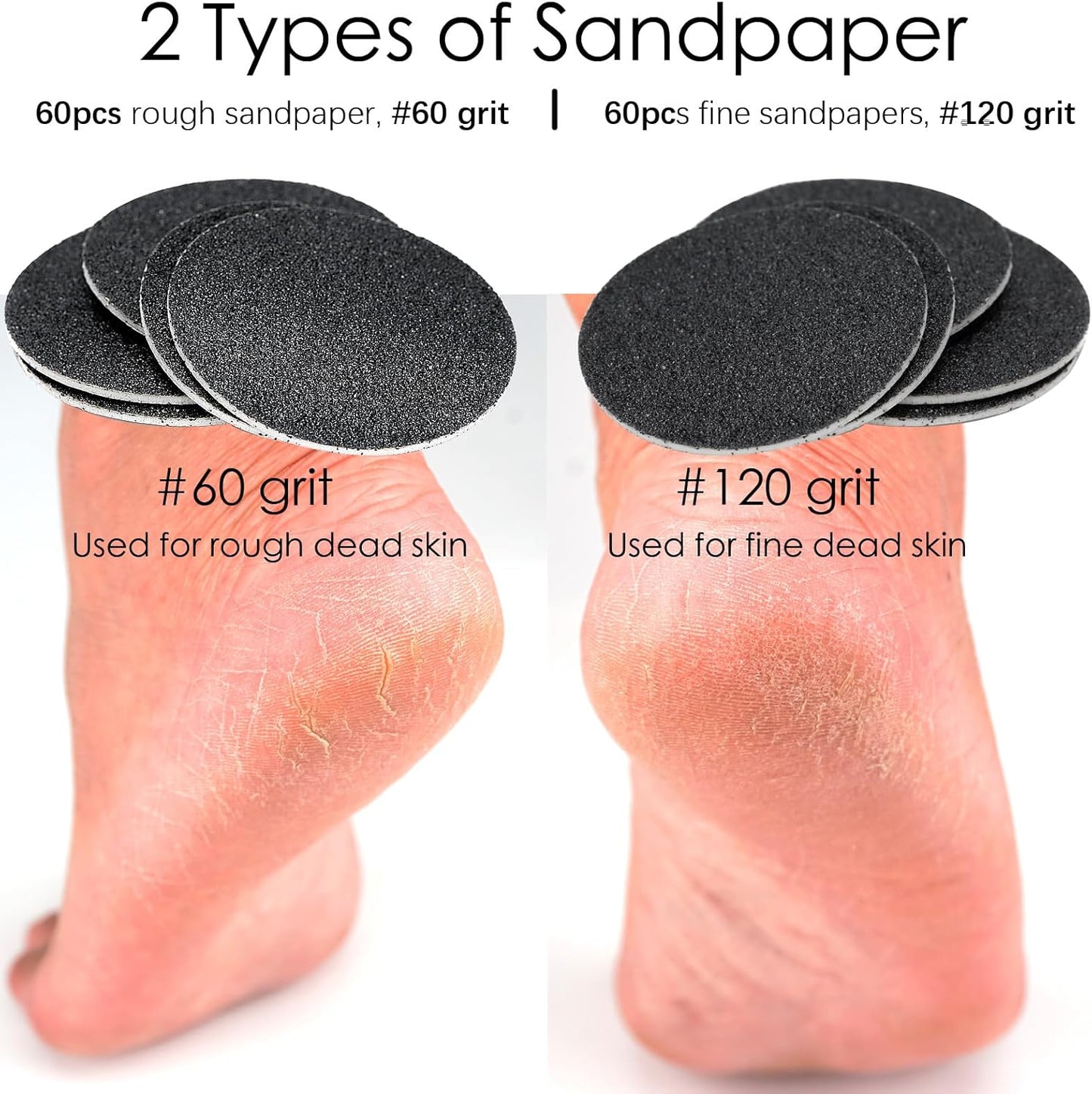 120pcs Replaceable Sandpaper Discs 60 Grit 120 Grit, Thick Self-Adhesive Replacement Sandpaper Refill Sanding Pads for Electric Foot Callus Remover Feet Sander (60 Grit +120 Grit)