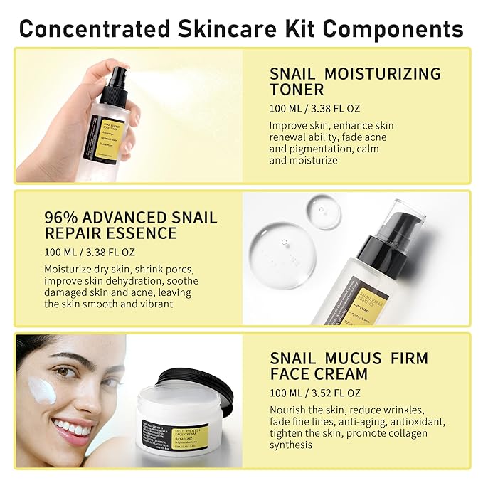 Advanced Snail 96% Mucin Power Essence Set – Korean Skincare Set for Women, Includes Snail Mucin Serum，Hydrating Toner & Face Cream, Moisturizing & Skin Renewal, 3PCS Travel Size Toiletries