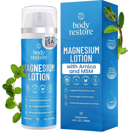 Body Restore Magnesium Lotion with Arnica & MSM - Christmas Stocking Stuffers, White Elephant, Sleep Support, Muscle & Joint Relief, Birthday Gifts for Women, Men, Travel Essentials - Peppermint