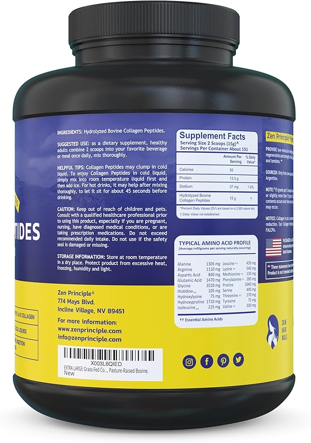 Zen Principle Grass-Fed Collagen Peptides 5 lb. Custom Anti-Aging Hydrolyzed Protein Powder for Healthy Hair, Skin, Joints & Nails. Paleo and Keto Friendly, GMO and Gluten Free, Pasture-Raised Bovine.