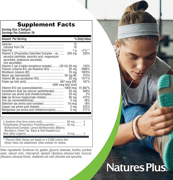 NaturesPlus Hema-Plex Iron - 60 Fast-Acting Softgels - 3 Pack - 85 mg Iron + Vitamin C & Bioflavonoids for Healthy Red Blood Cells - Vegan, Gluten Free - 60 Total Servings