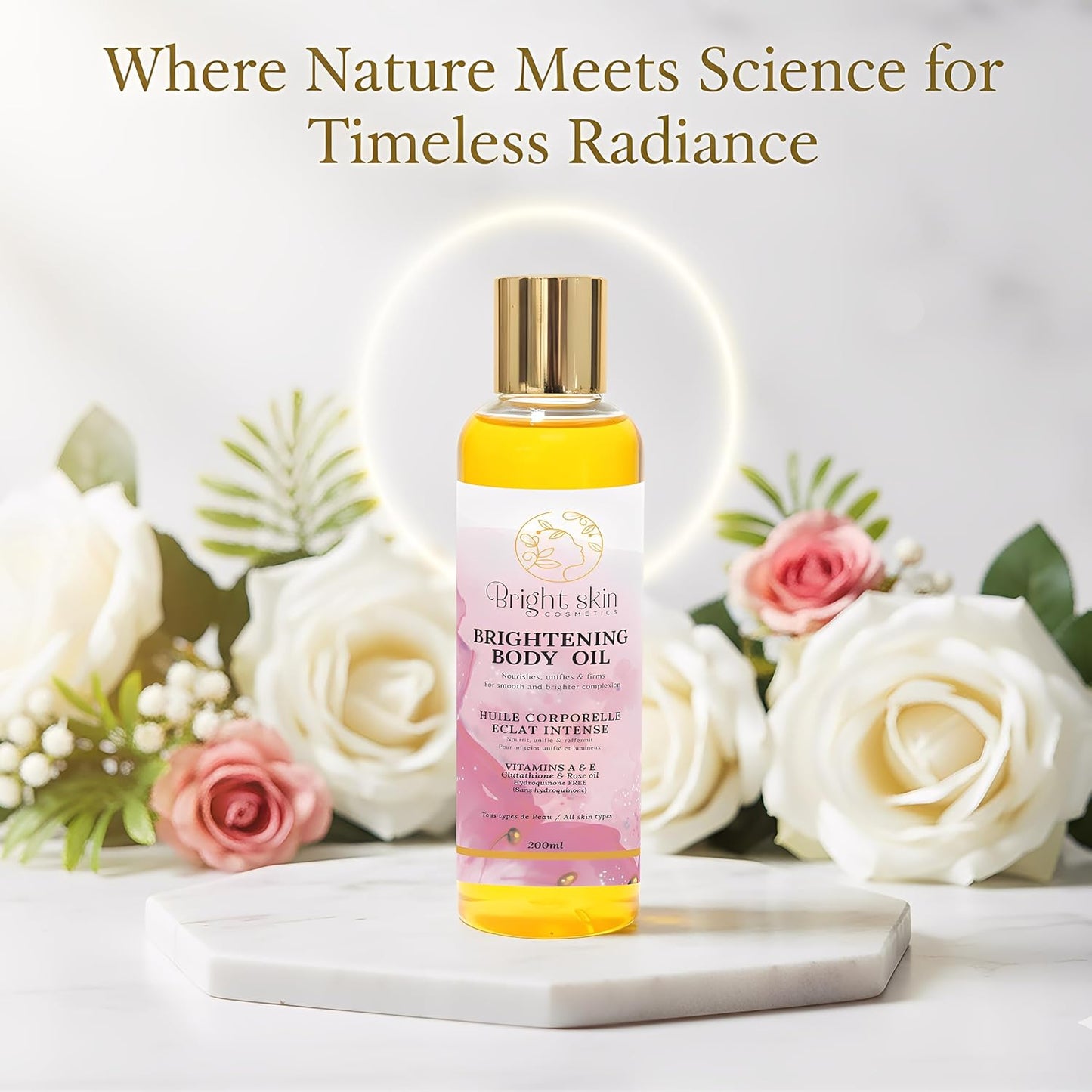 Best Brightening Body Oil (6.5 oz) - Glutathione, Arbutin, Rosehip Oil, Rose Extract for Uneven Skin Tone, Dark Spots, Scars, Anti-aging, Anti-wrinkle, Sunscreen, Scar Healing