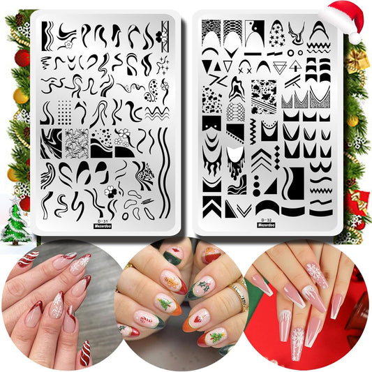 Swirl French Line Nail Stamping Plates French Tip Nail Stamp Plate Geometric Wave Stripes Snake Flower Nail Art Stamper Stencils Printing Template 2pcs Large Stainless Steel Nail Art Tools 14.5×9.5cm