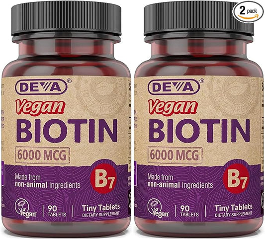 DEVA Vegan Biotin 6000mcg 2-Pack – Vitamin B7, Easy-to-Swallow Tiny Tablets, 90 Count Ea