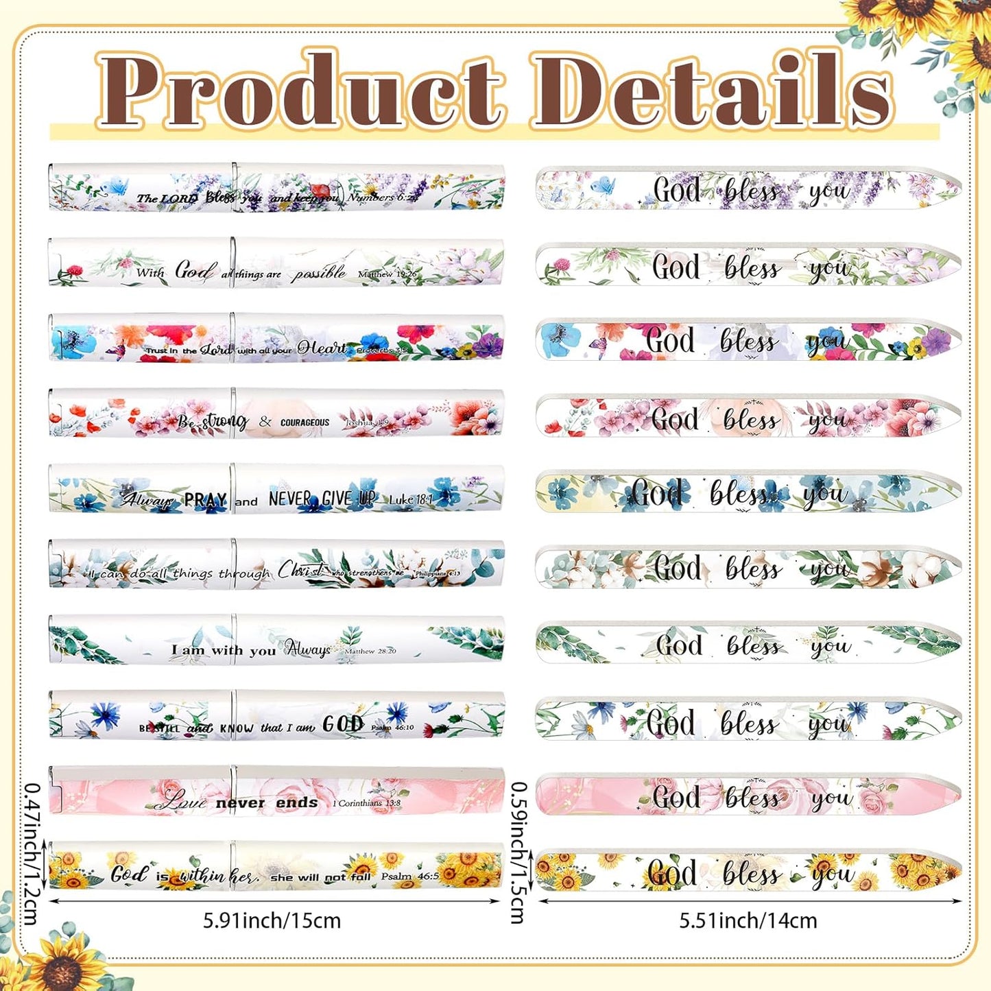 10 Pack Christian Crystal Glass Nail File for Natural Nails Christian Gifts for Women Bulk Church Bible Verse Scripture Glass File with Case Double Sided Floral Scripture Emery Boards Religious Gift