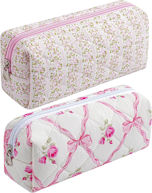 Cute Floral Cotton Makeup Brush Cosmetic Bag for Women, Travel Quilted Zipper Make Up Bag, Flowers Toiletry Organizer Case Kawaii Makeup Cosmetic Travel Cloth Pouch (Pink+Pink Bowknot)