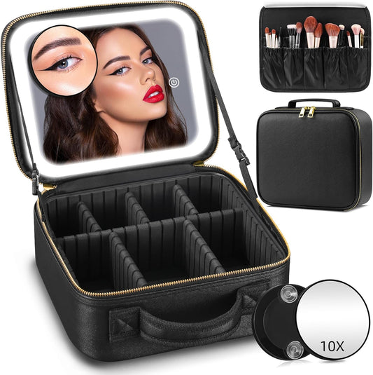 Makeup Bag with Mirror and Light 3 Colors, Travel Make up Bag with Mirror Portable Lighted Makeup Case Organizer Cosmetic Case with 2-Layers Adjustable Dividers & 10X Magnifying Mirror(Black)