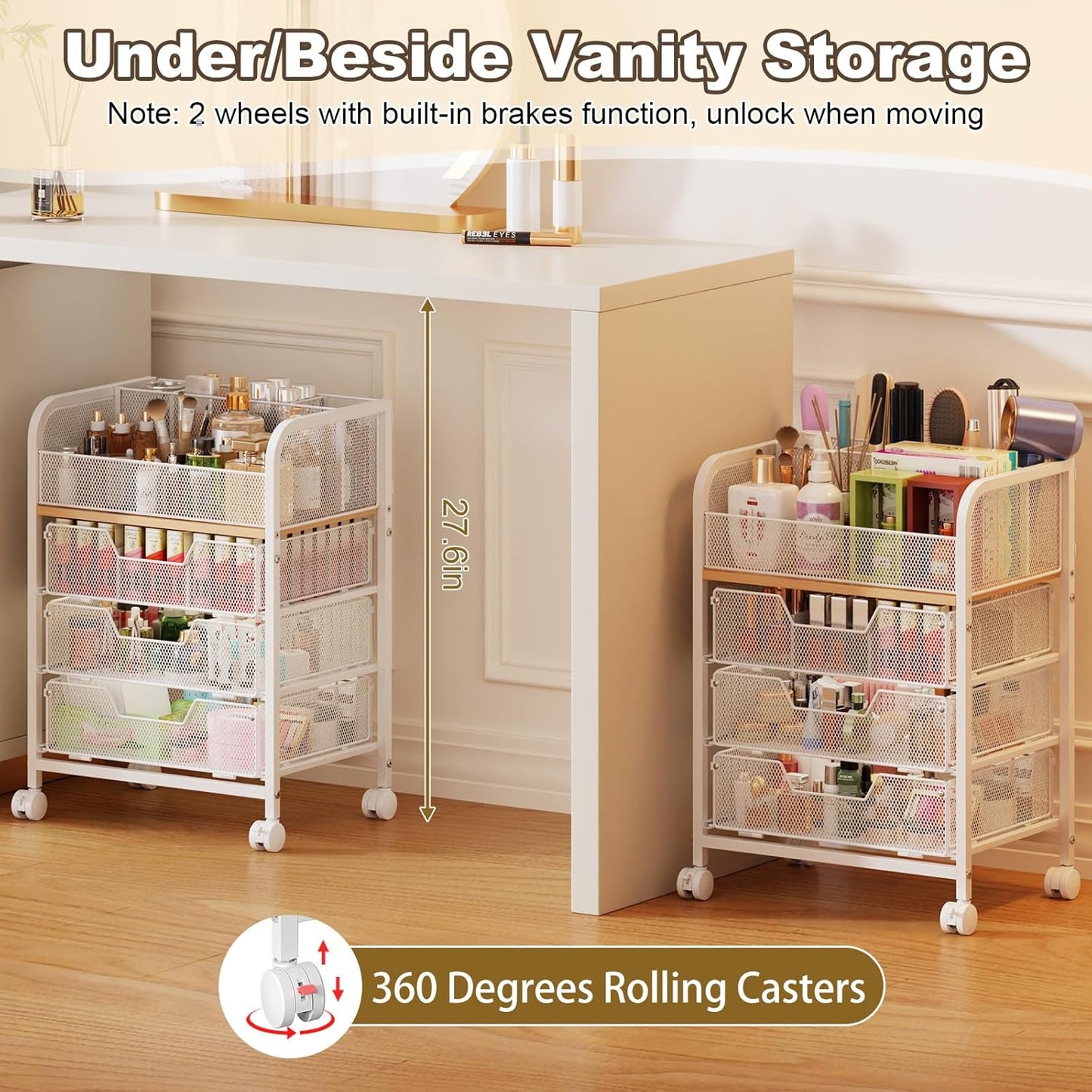 3 Drawers Makeup Cart Organizer with Divider, Under Desk Floor Skincare Organizers, Vanity Storage Organizer Cosmetics Display Cases for Skin Care Perfume Nail Polish, White