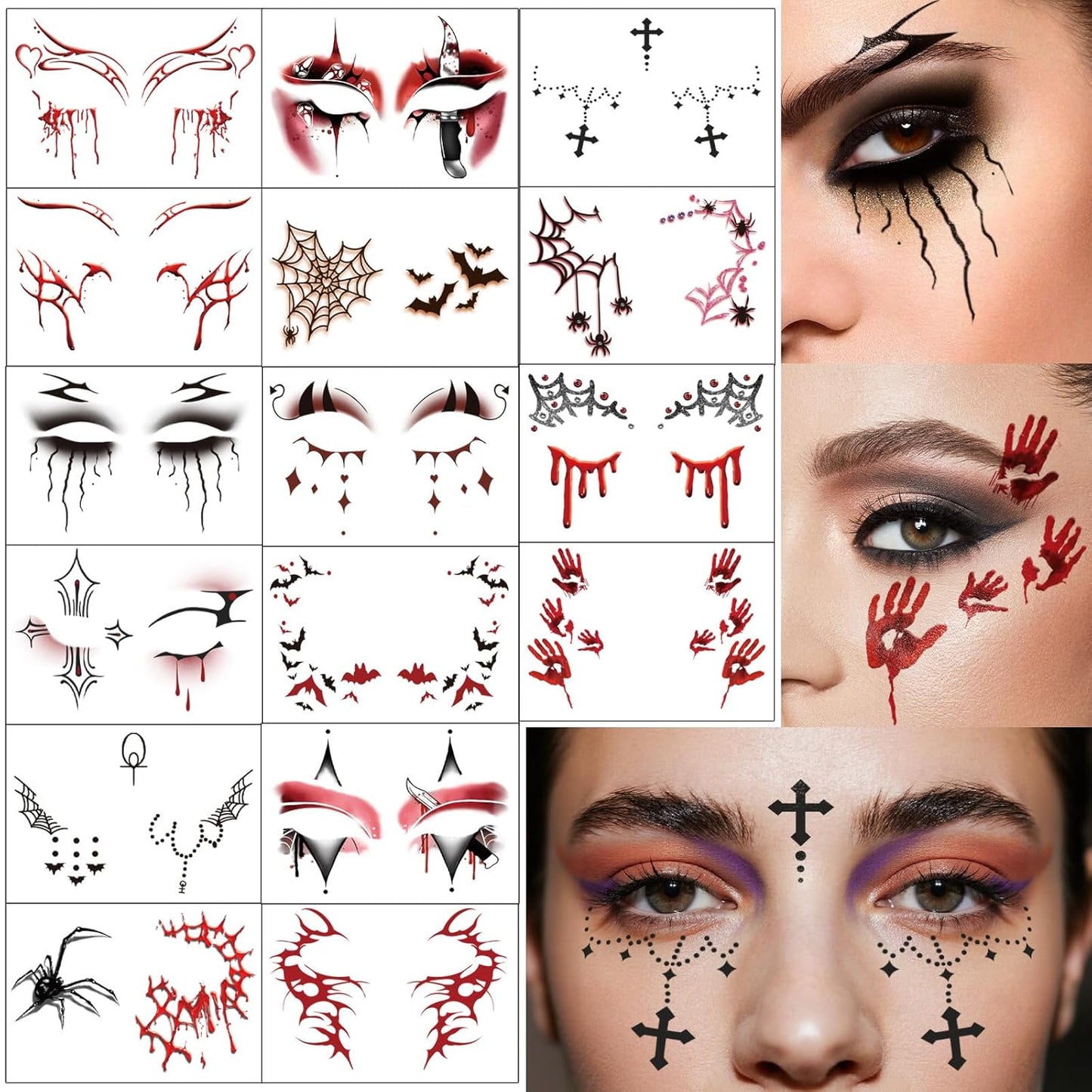 16 Sheets Halloween Face Temporary Tattoo, Spiders Web Bats Skulls Bloody Palm Upper & Lower Lash Realistic Designs Scary Motifs Tattoos for Men & Women Cosplay Party & Festive Face Makeup Decoration