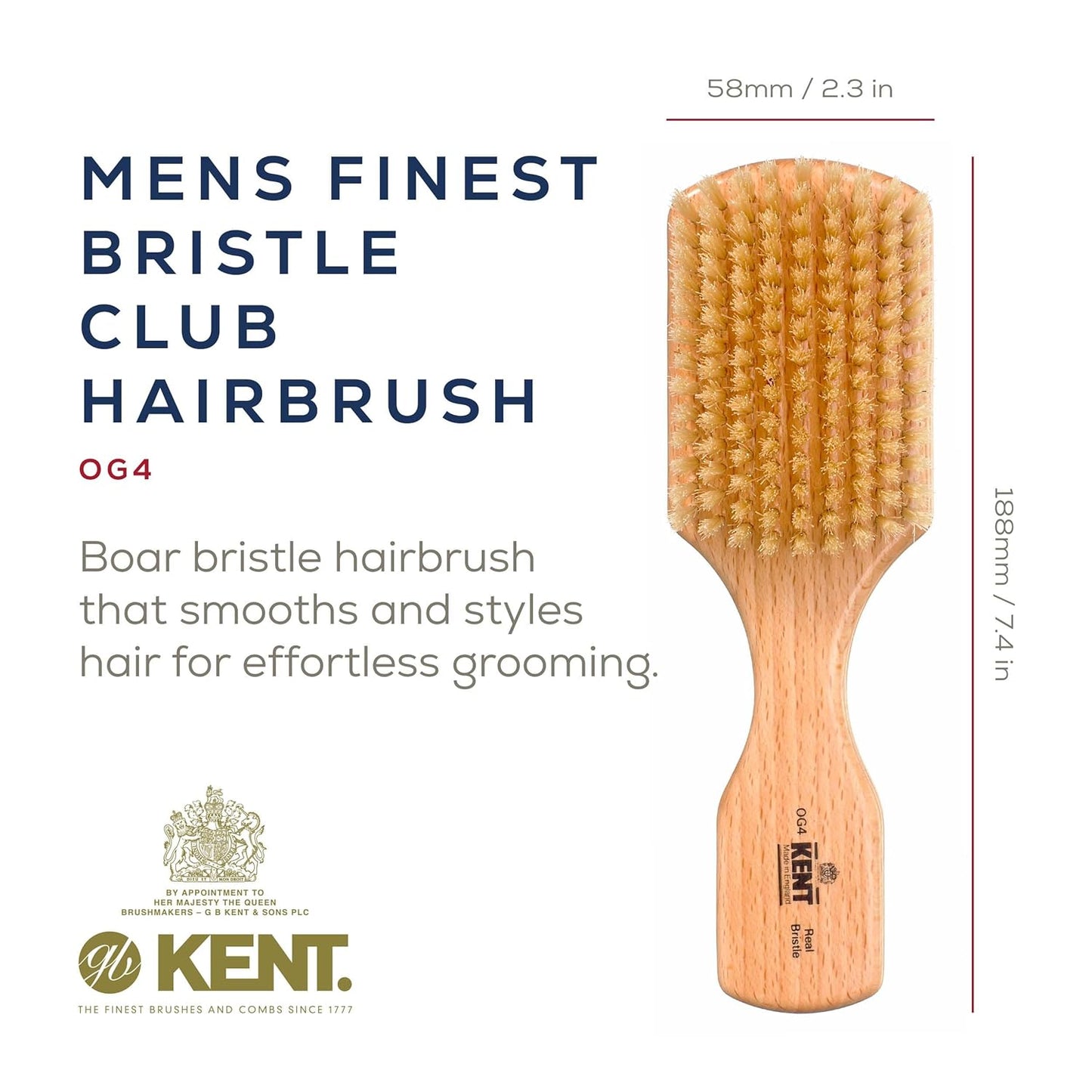 Kent OG4 Rectangular Beachwood Gentlemen's Hair Brush and Facial for Beard Care - Exfoliating Natural Boar Bristle Brush for Mens Grooming, Hair Care, and Beard Straightener for Men's