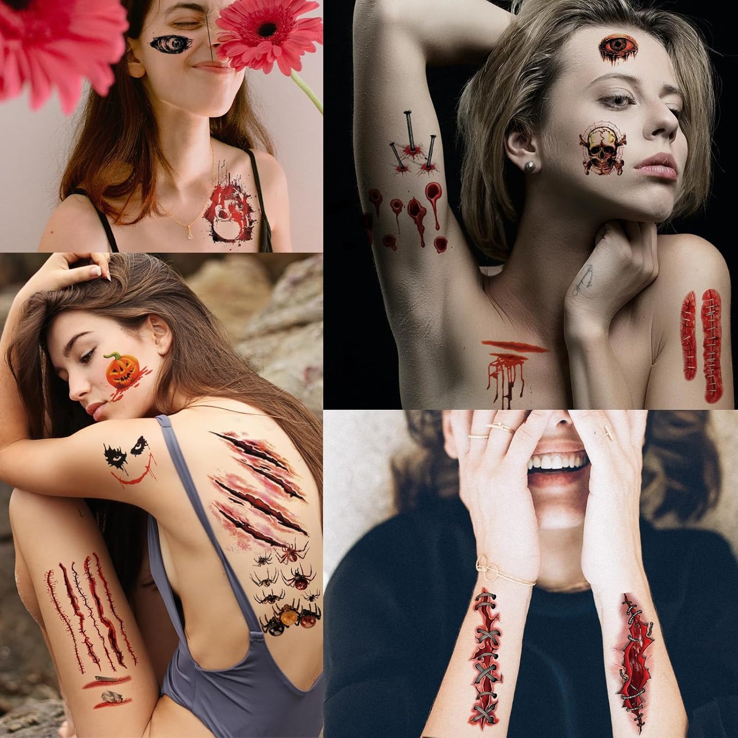 Halloween Zombie Makeup, 12 Sheets Halloween Fake Scars Bloody Wound Temporary Tattoos, Halloween Party Cosplay Vampire Makeup Tattoos for Women Men Kids