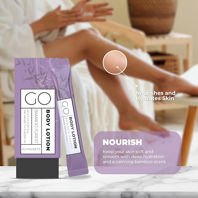 GO Essentials Travel Size Lotion Packets – Single Use Body and Hand Lotion for Hydrated Skin and Toiletries. Airline Friendly – Portable Bulk. Womens Gift Set