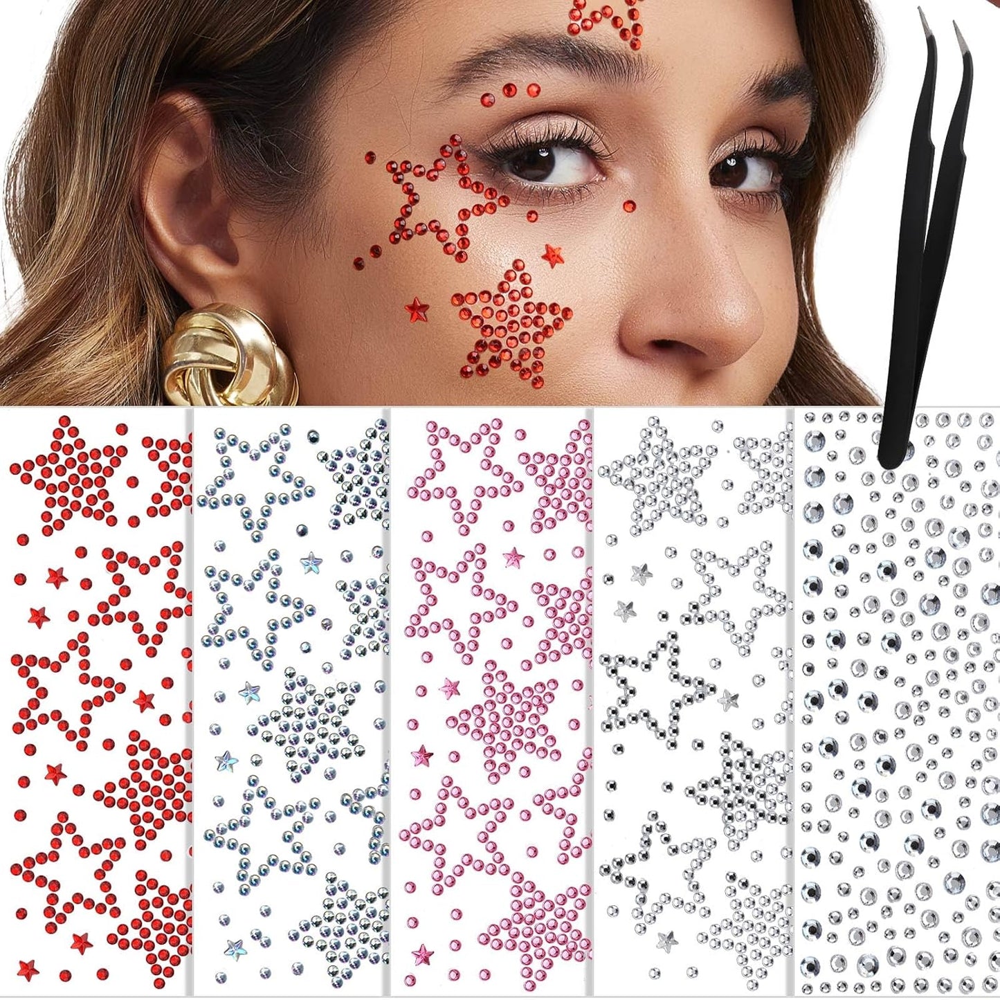 YGDZ Face Gems Face Jewels, Self Adhesive Hair Gems Festival Star Rhinestone Stickers for Face, Eye, Makeup, Body, Stick on Gems, Rave Accessories, Y2K Star Face Stickers for Kids, Women