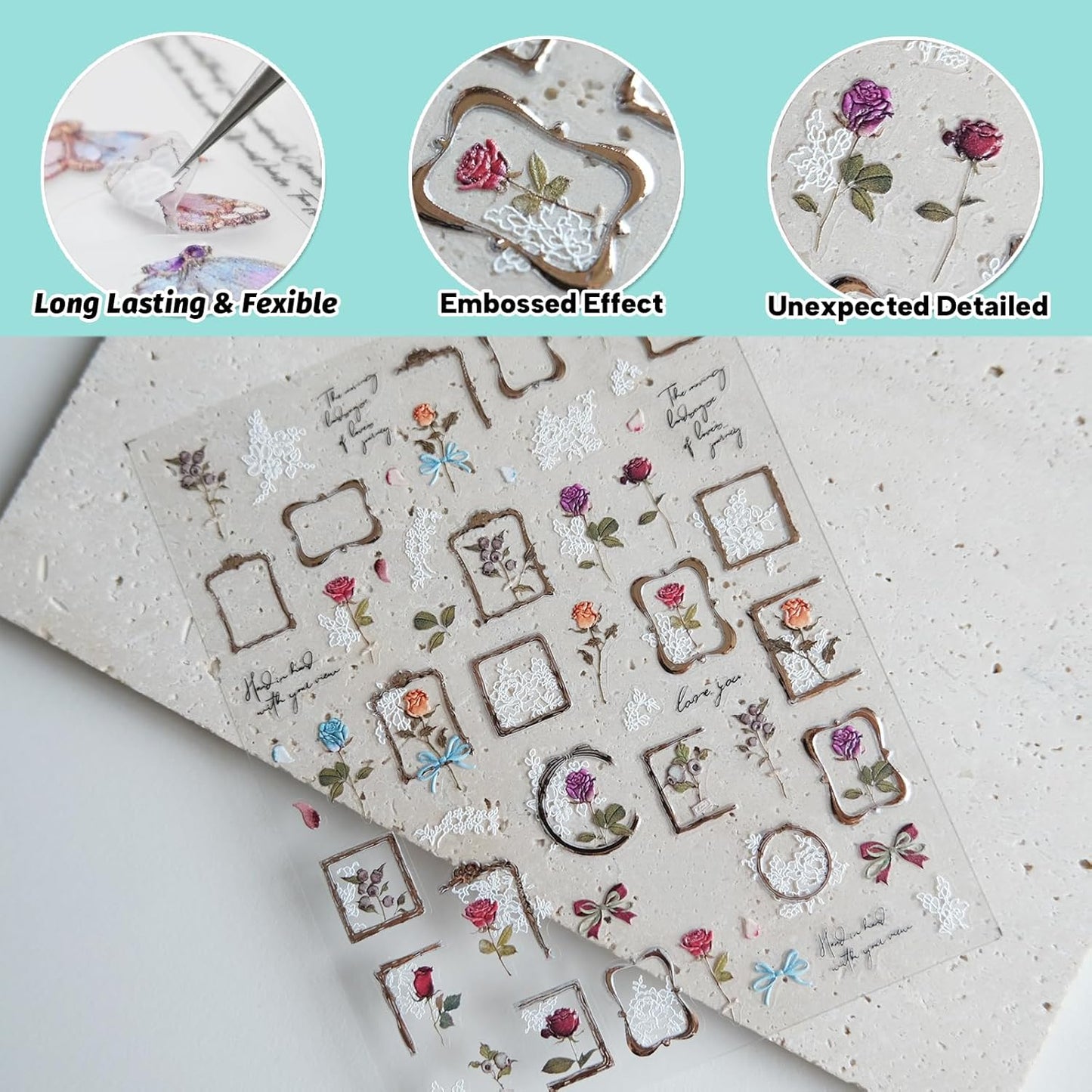 Golden Frame Rose Nail Stickers, Embossed Nail Decals,Vintage Floral for Nail Art Designs, Self-Adhesive Nail Accessories for Women