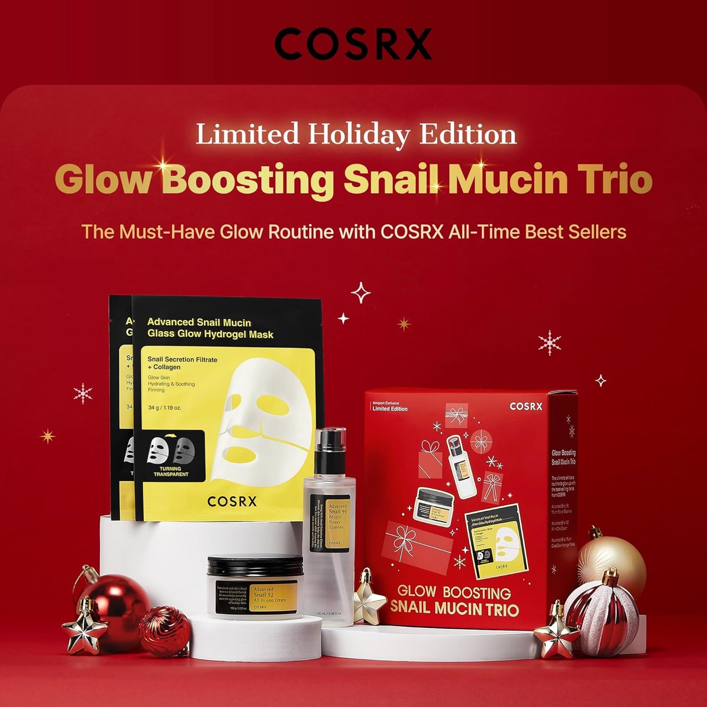 COSRX Snail Mucin Limited Holiday Gift Set with Snail Mucin Repairing Serum, Moisturizer & Collagen Face Mask, Korean Skin Care Set, Stocking stuffers, Self Care Gifts, Amazon Exclusive