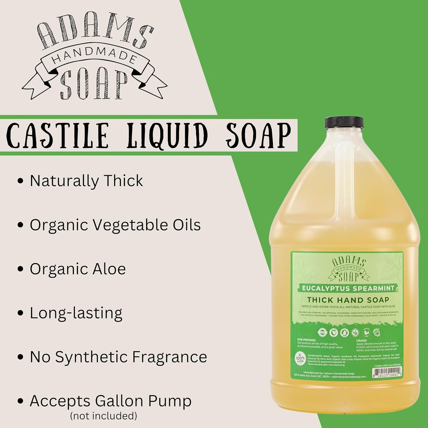 Adams Handmade Soap Liquid Organic Castile Thick Hand Soap 1 Gallon - Eucalyptus Spearmint