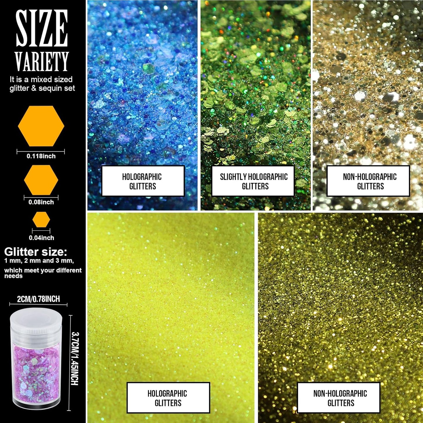 Teenitor Fine Glitters and Holographic Chunky Glitters for Nails, Assorted Glitter Slime, Festival Glitter for Nail Face Hair Body , Glitter for Resin Tumblers, 16+16pcs