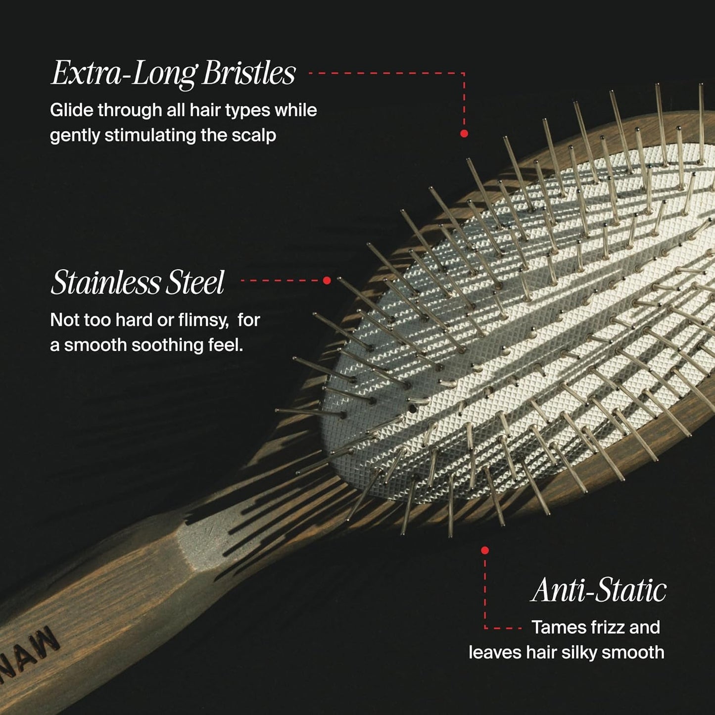 Daily Wood Hair Brush - Carbonized Ash Anti-Static Paddle for Frizz-Free Styling - Stainless Steel Bristles Scalp Massage - Safe for Color & Extensions - wet brush - detangling