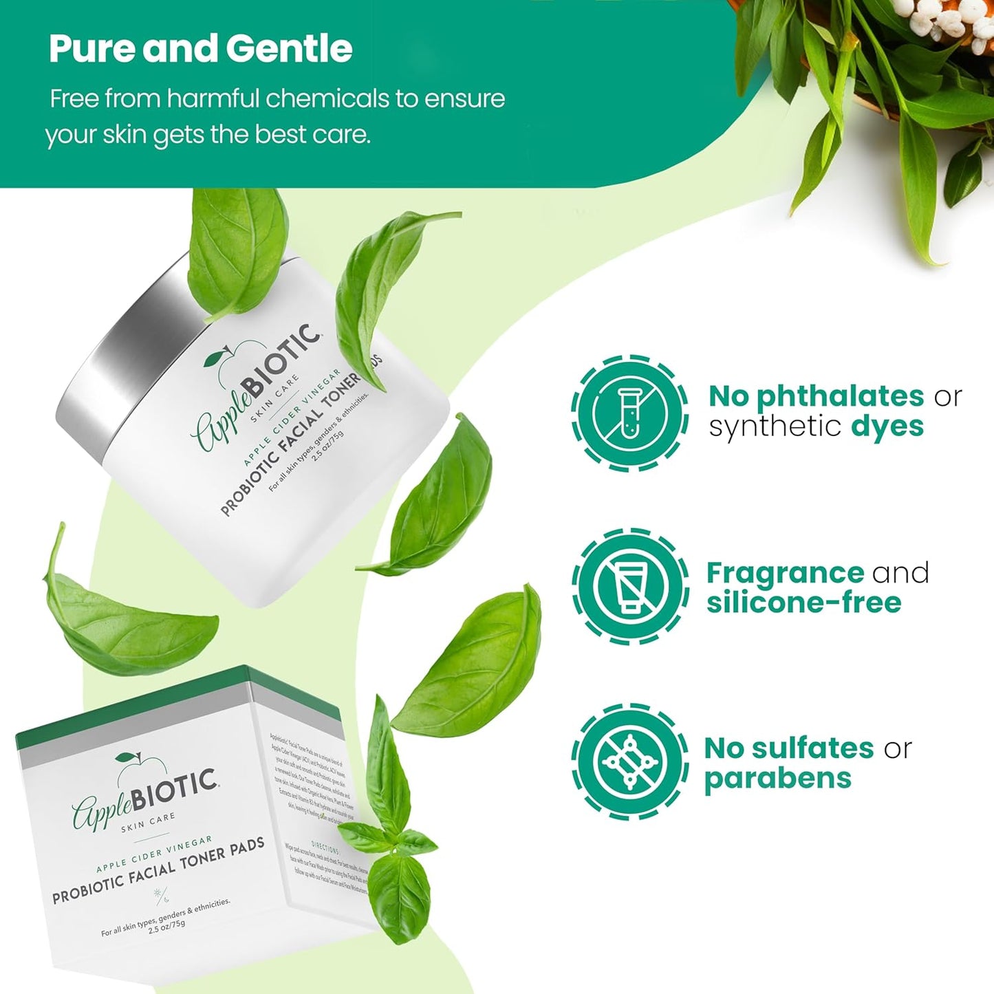 Apple Cider Vinegar Face Toner Pads - Exfoliating & Hydrating Toner for All Skin Types, Probiotic Extract, Aloe, Green Tea - Pack of 2