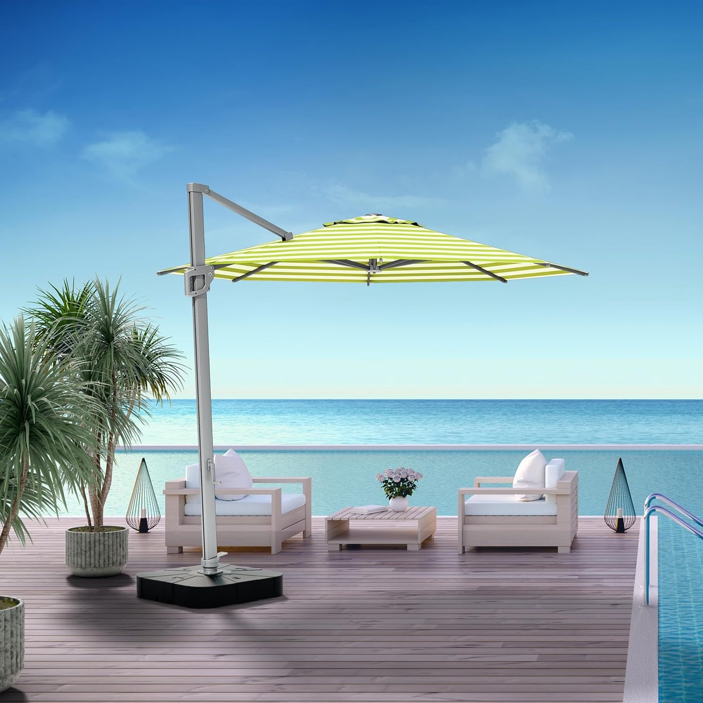 Midtown Umbrellas 10 Ft Outdoor Cantilever Patio Umbrella w/Terylast Pear Stripes Fabric - Rotate 360° Offset Patio Umbrella, Deck Patio Umbrella, Backyard Umbrella & Garden Umbrella - Silver Frame