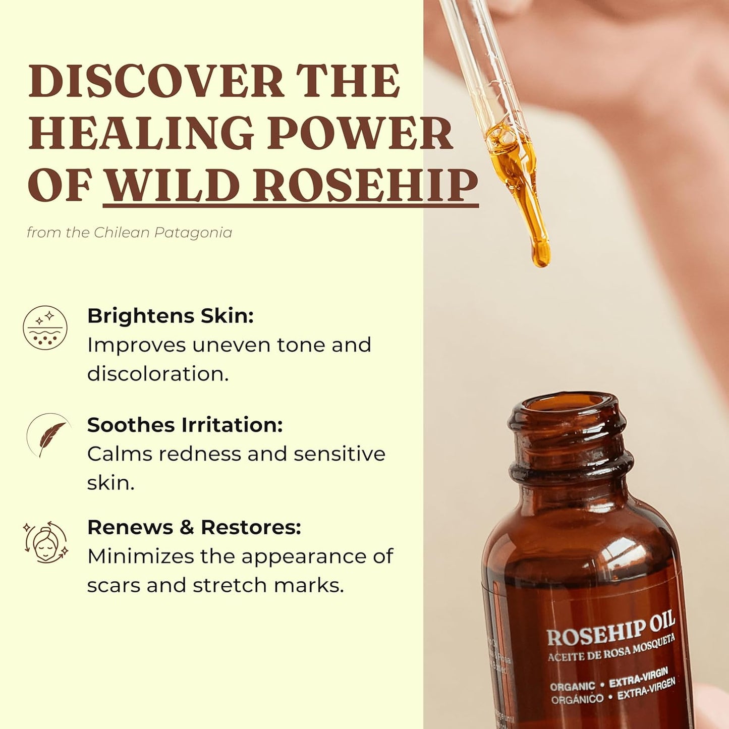 Offernova Organic Rosa de Mosqueta Oil- USDA Certified Rosehip Seed Oil Pure Cold Pressed, Repairs & Brightens Skin - Gua Sha Massage, Face, for All Skin Types - Aceite Facial 1OZ