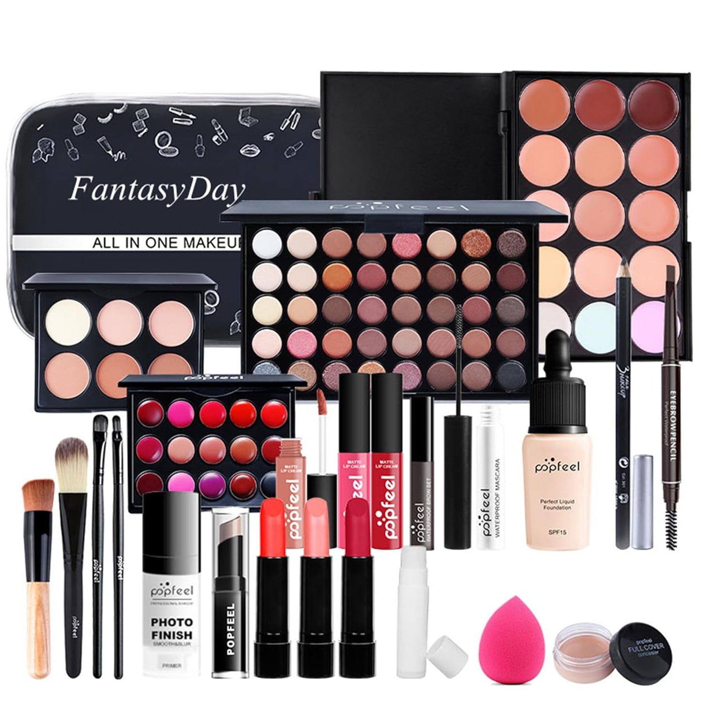 FantasyDay All in One Makeup Kit for Women Full Kit Girls Makeup Gift Sets Xmas Essential Bundle Include Eyeshadow Palette Lipstick Blush Concealer Eyeliner Mascara Foundation Brush Eyebrow Pencil