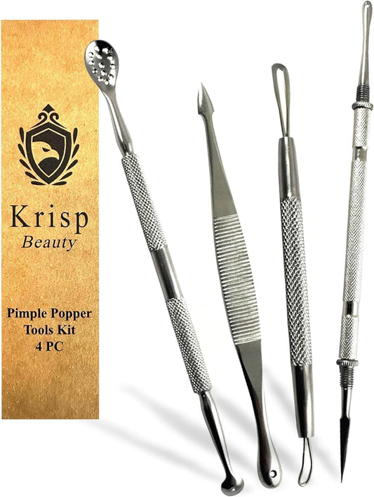 Blackhead Remover Extractor Pimple Popper Tools - Comedone Acne Zit Cleaner Kit for Nose Facial Pore Press Tool for Face Blemish Whitehead Popping Extractors, Stainless Steel 4 Pc Set by Krisp Beauty