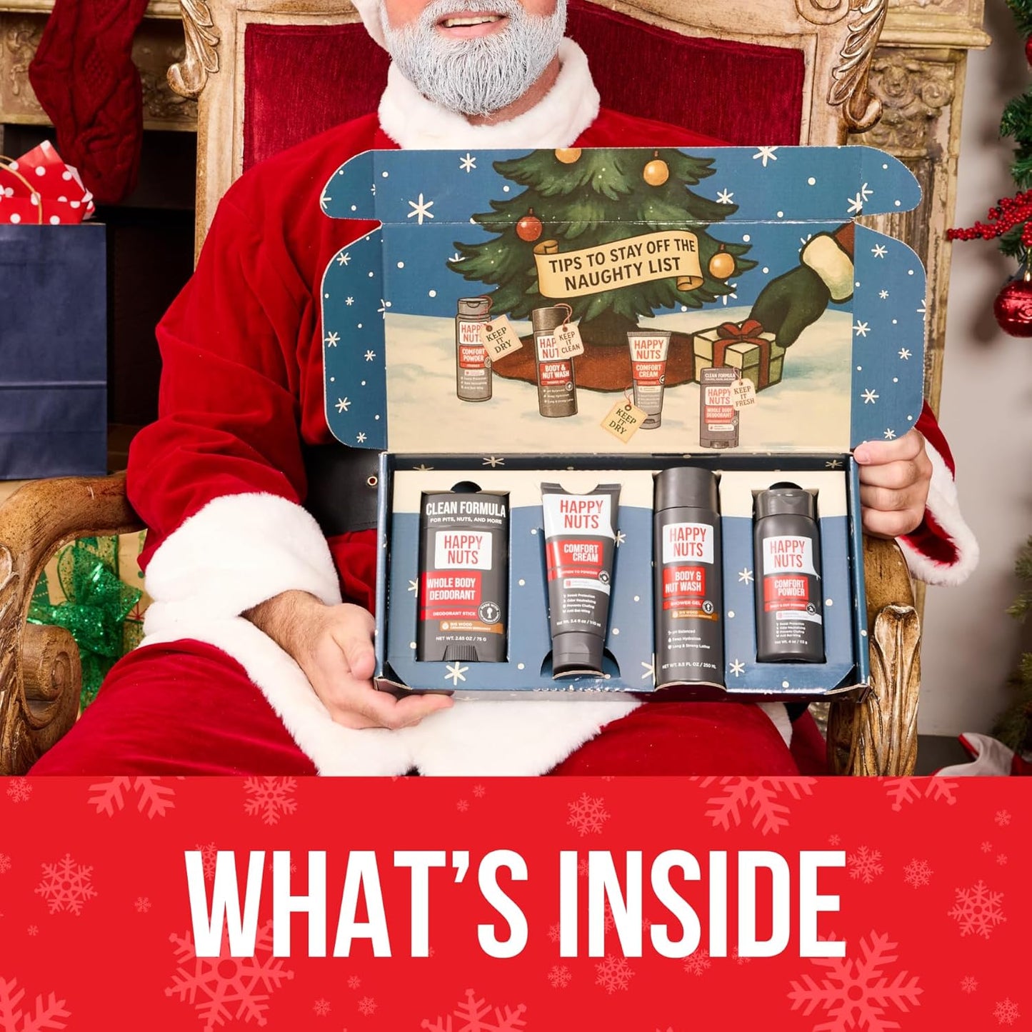 Happy Nuts Santa’s Big Sack - Funny Holiday Gift Box for Men - 4-in-1 Men's Care: Comfort Cream, Hydrating Body Wash, Whole Body Deodorant Stick, Anti-Chafing Powder - Hilarious Gift Basket for Him