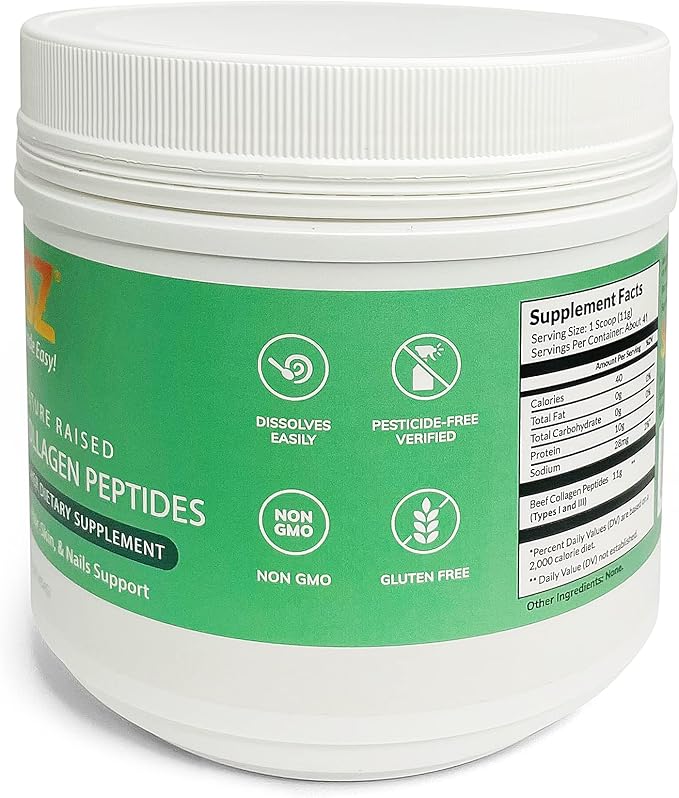 SASZ Hydrolyzed Bovine Collagen Peptides Powder 1lb Jar Clean Collagen Unflavored Grass-Fed Non-GMO Kosher Highly Soluble Protein