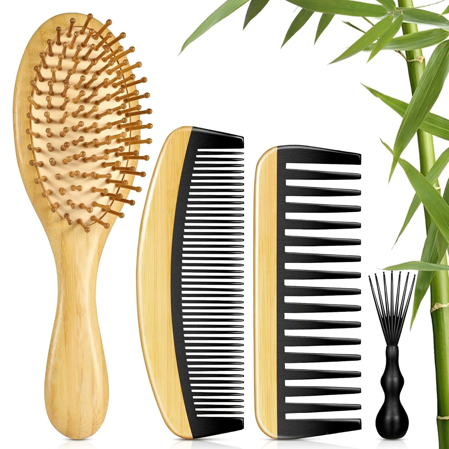 BFWood Bamboo Hair Brush and Comb, Wooden Hair Comb Set for Women Girls Men, Wood Curly Detangling Hair Paddle Brushes, Wide Tooth Fine Tooth Travel